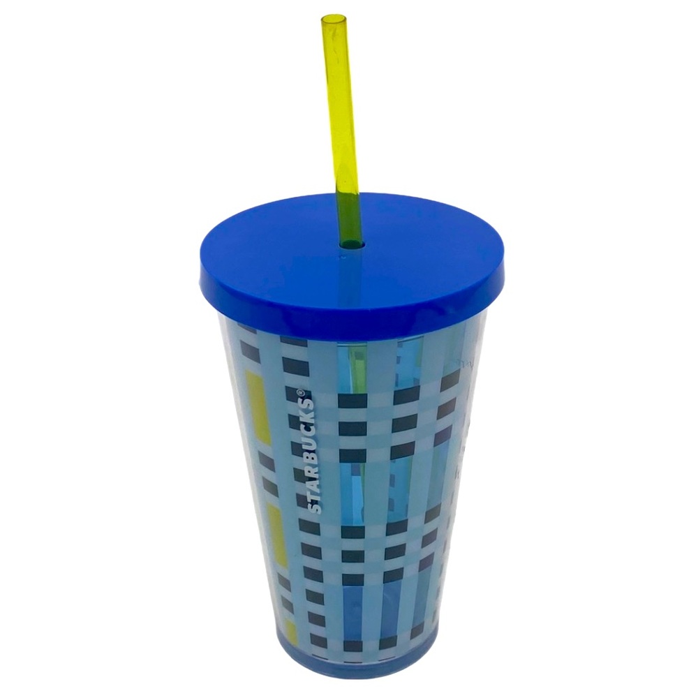 Starbucks Tumbler Blue/Yellow Plaid Abstract Geometric Print 16oz